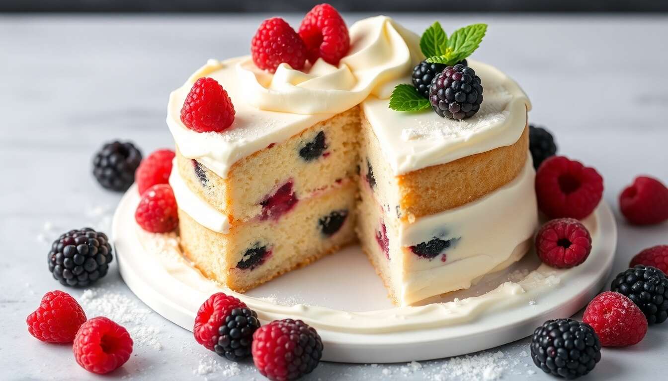 Gâteau magique à la vanille, mûres et framboises