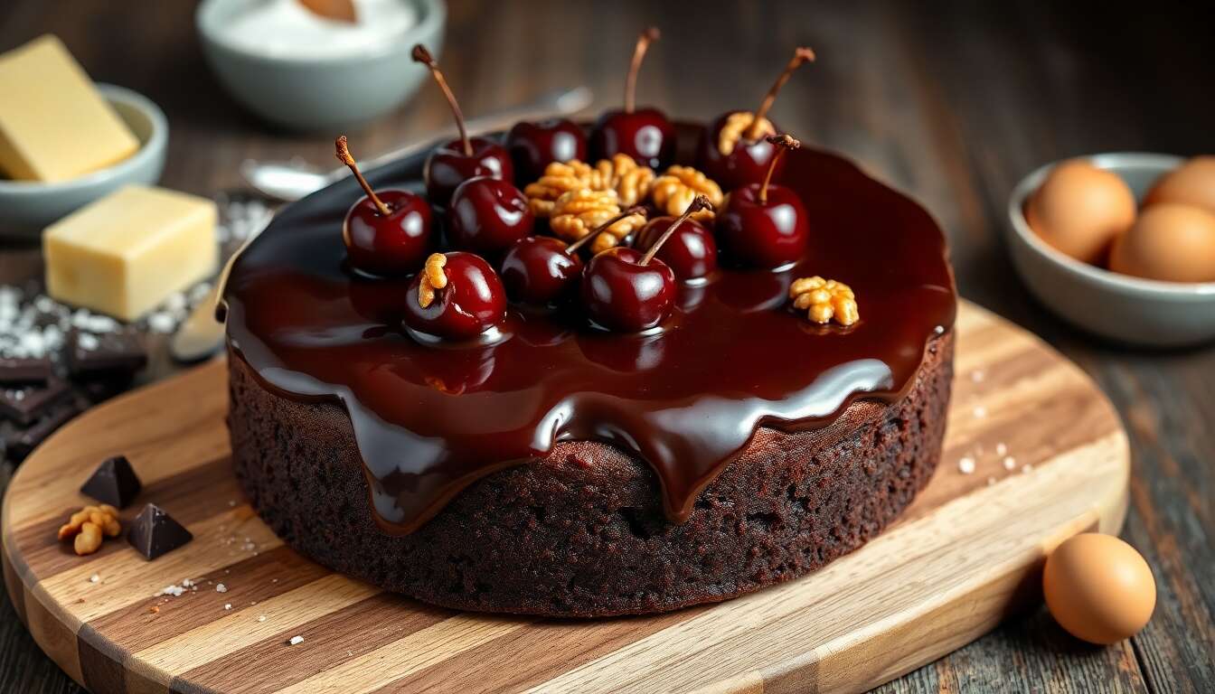 Délice chocolat-cerise : gâteau rapide aux noix caramélisées