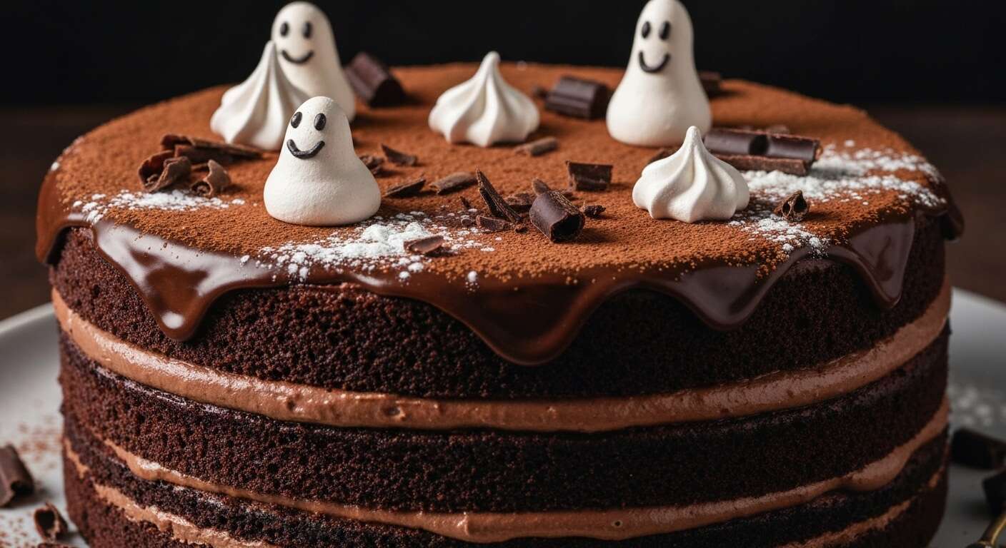 Layer cake chocolat : décorer avec des fantômes en meringue