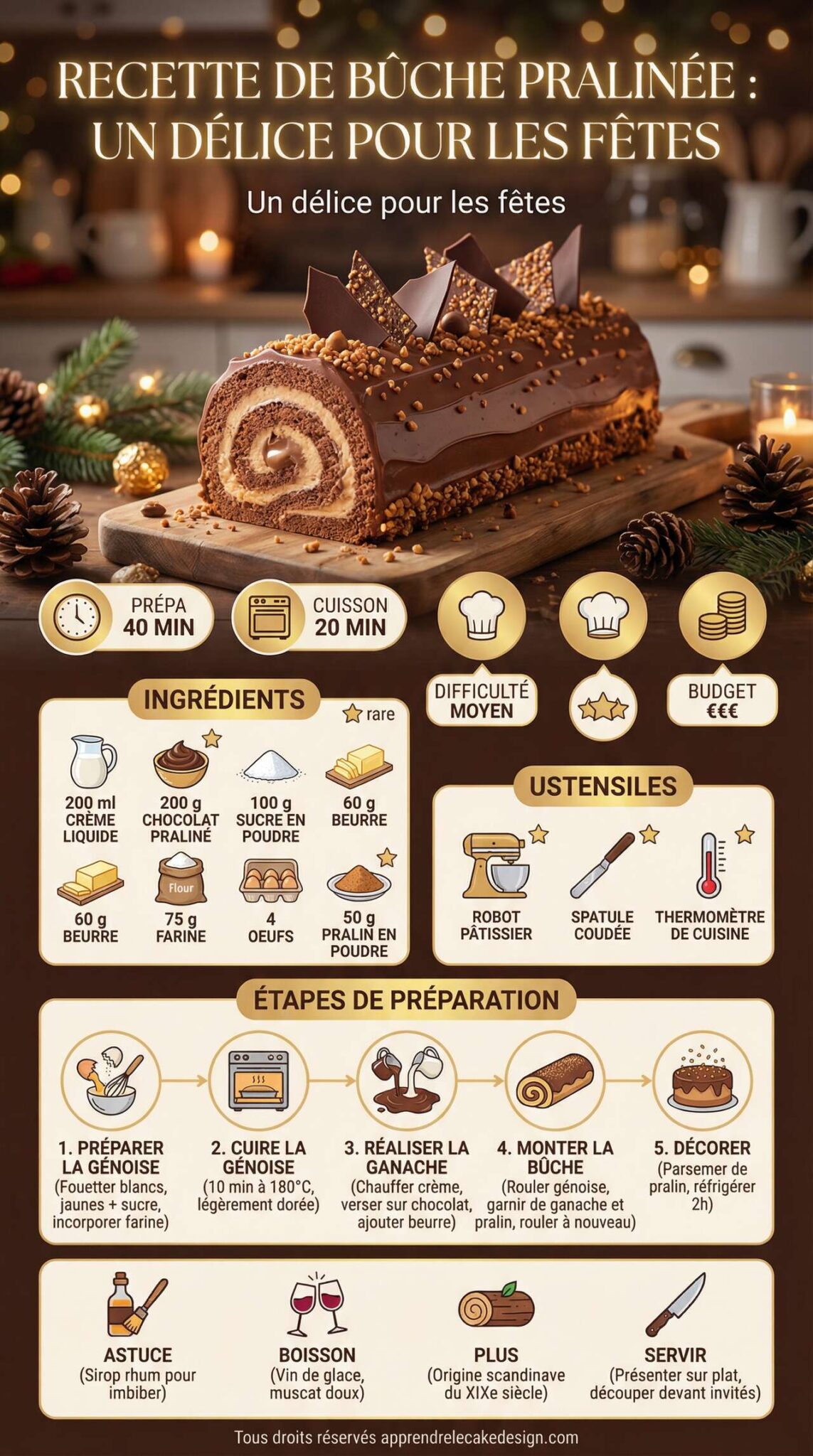 Infographie de la recette Recette de b&ucirc;che pralin&eacute;e : un d&eacute;lice pour les f&ecirc;tes