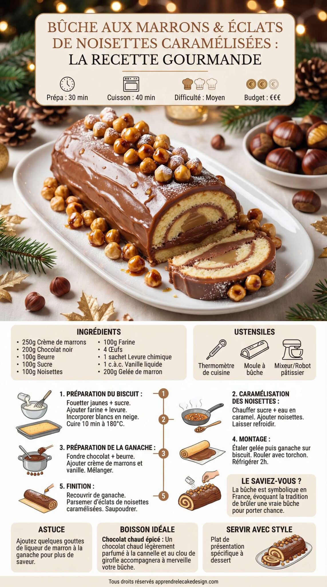 Infographie de la recette B&ucirc;che aux marrons et &eacute;clats de noisettes caram&eacute;lis&eacute;es : la recette gourmande