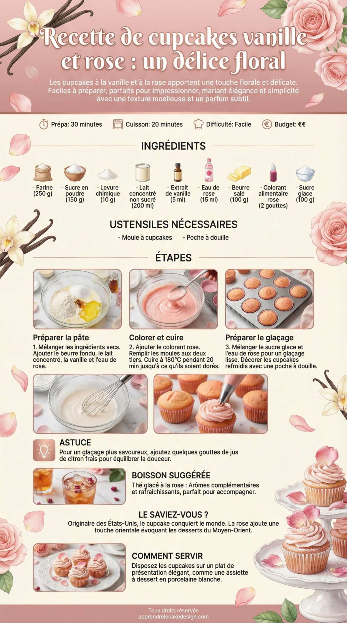 Fiche recette Recette de cupcakes vanille et rose : un d&eacute;lice floral