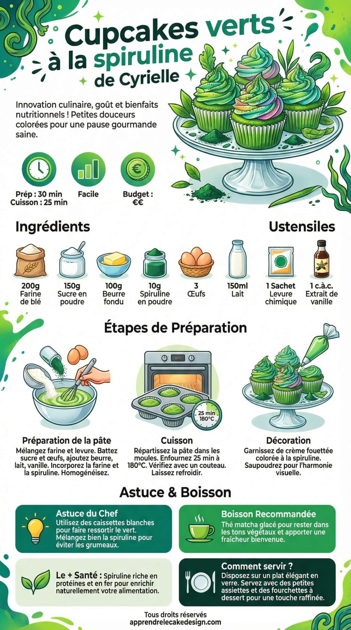 Fiche recette Recette de cupcakes verts à la spiruline de Cyrielle Fiche recette Recette de cupcakes verts à la spiruline de Cyrielle