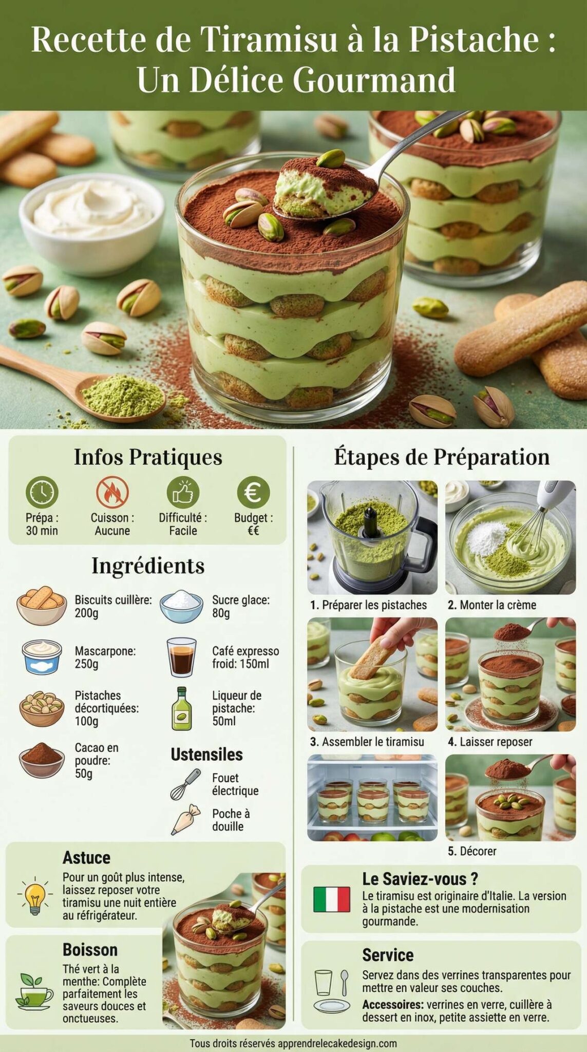 Fiche recette Recette de tiramisu &agrave; la pistache : un d&eacute;lice gourmand