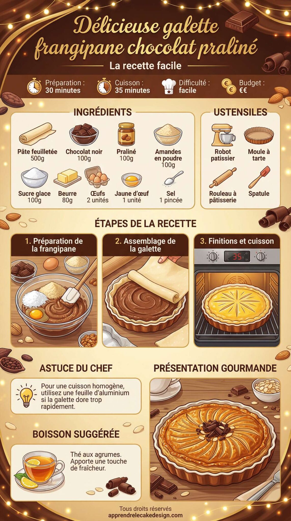 Fiche recette D&eacute;licieuse galette frangipane chocolat pralin&eacute; : la recette facile