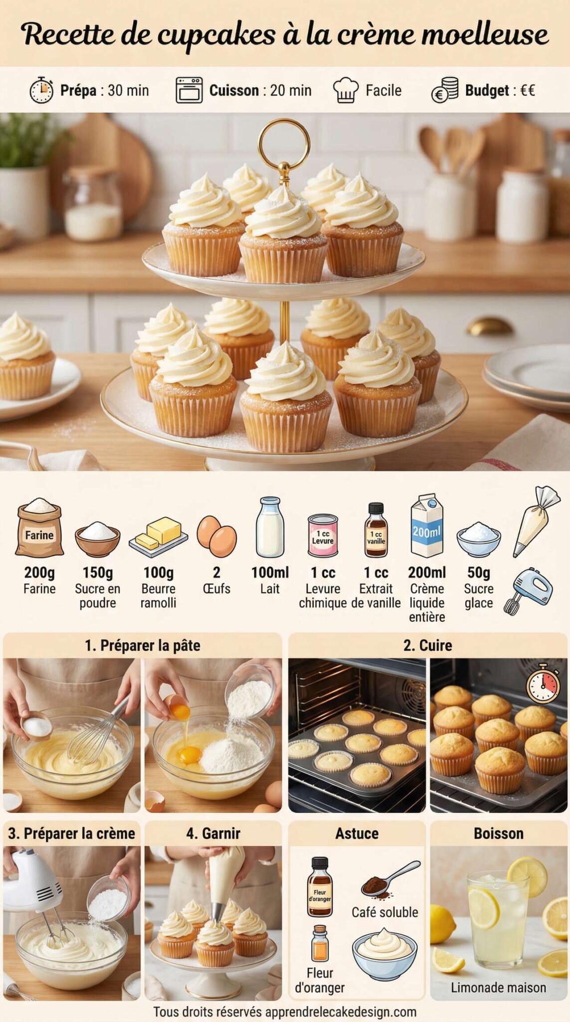 Fiche recette Recette de cupcakes &agrave; la cr&egrave;me moelleuse