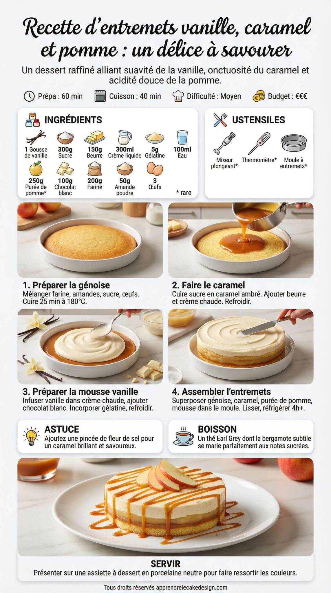 Fiche recette Recette d'entremets vanille, caramel et pomme : un d&eacute;lice &agrave; savourer