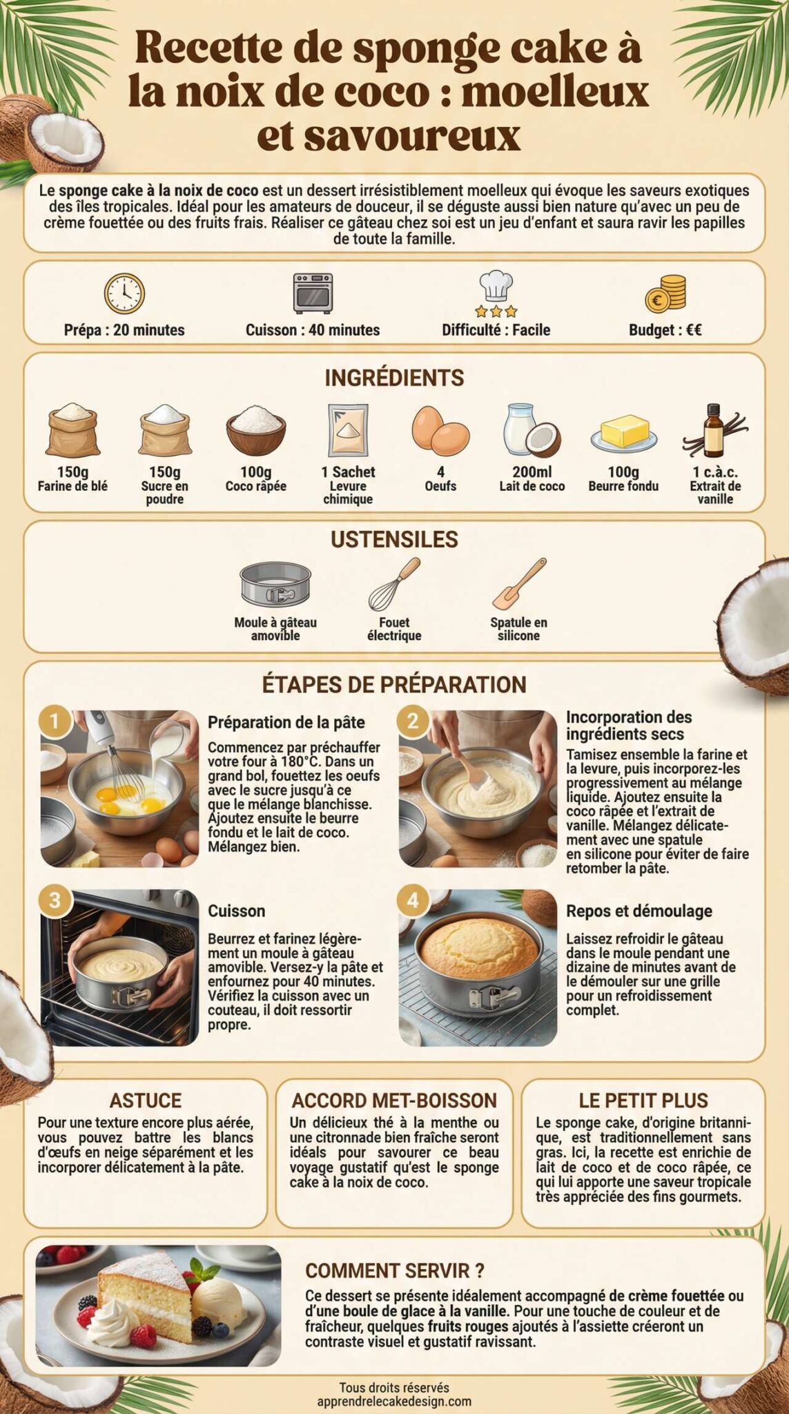 Fiche recette Recette de sponge cake &agrave; la noix de coco : moelleux et savoureux