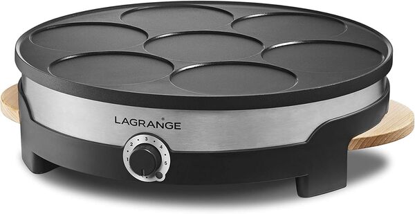 LAGRANGE Crêpière électrique, Fabrication française, 1500 W, Thermostat réglable, 7 mini-crêpes de 11 cm de diamètre, Plaque en fonte d'aluminium, poignées en bois, Tradi' Multi, 109015