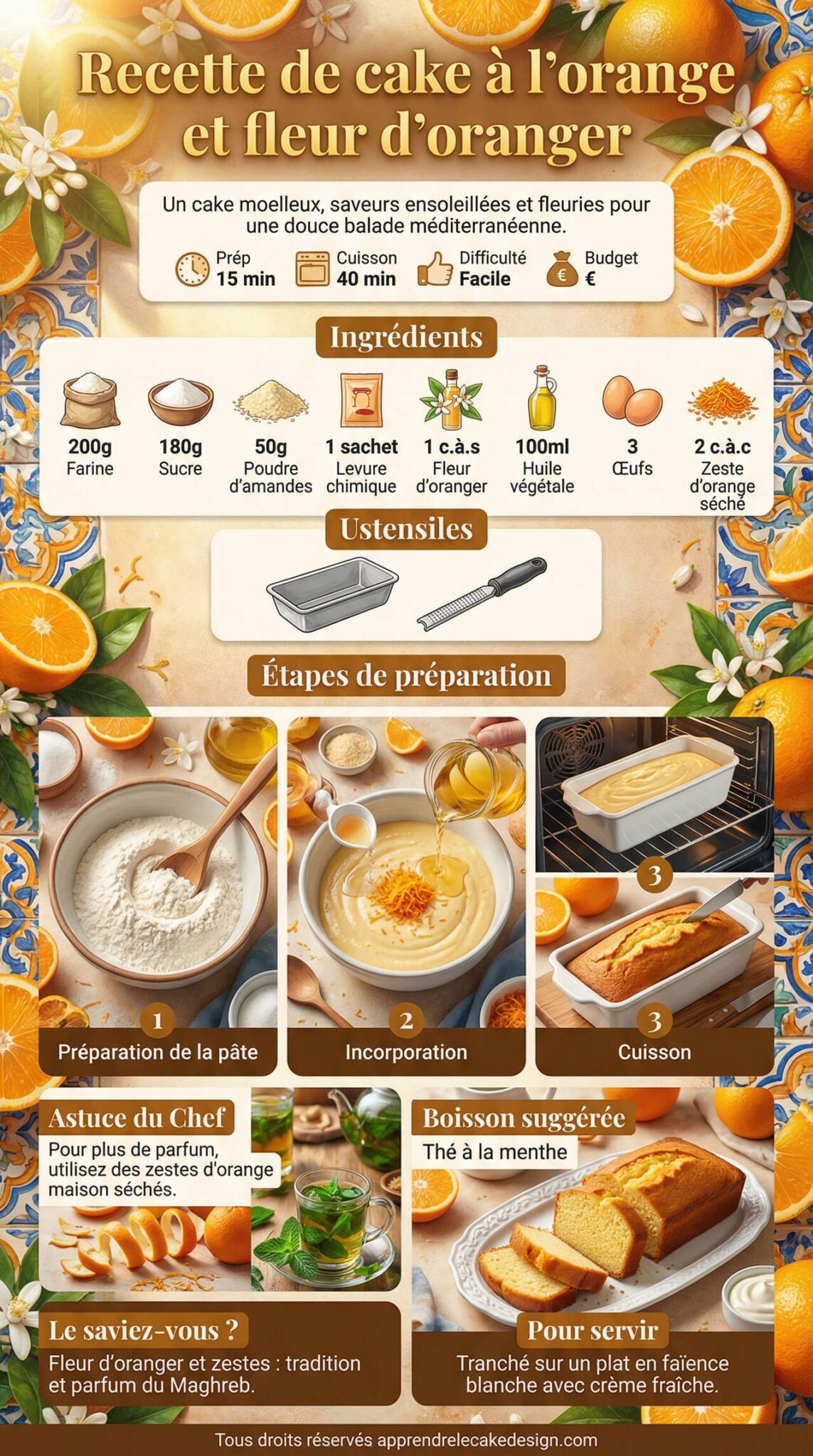 Fiche recette Recette de cake &agrave; l'orange et fleur d'oranger