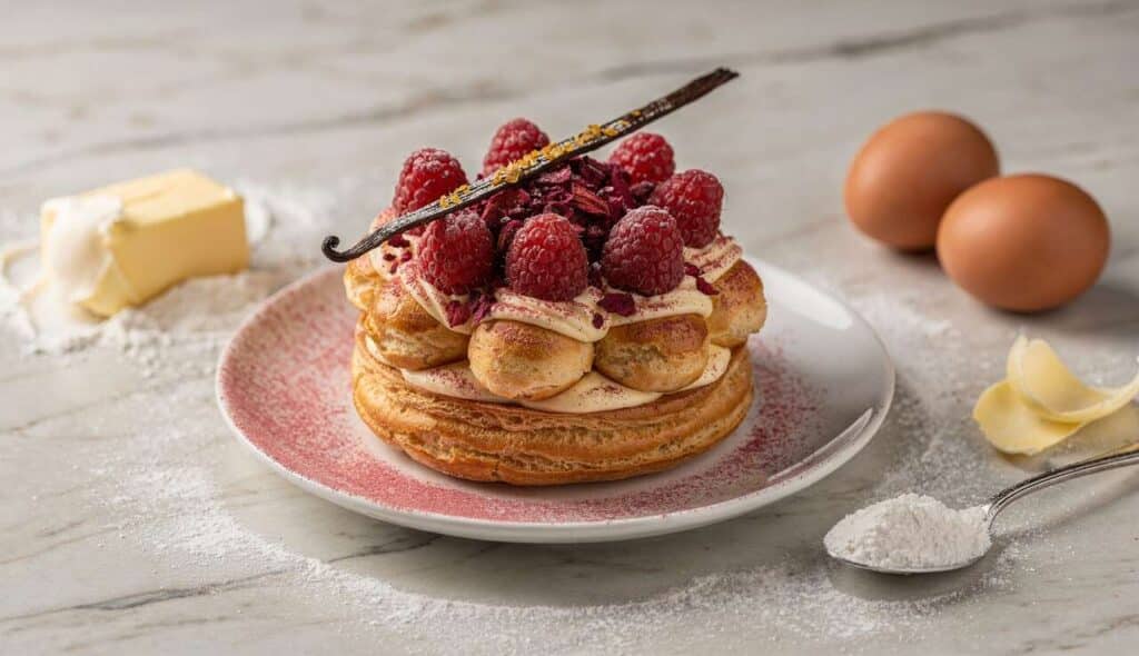 Recette Saint-Honoré spécial Saint-Valentin : framboises, hibiscus et vanille