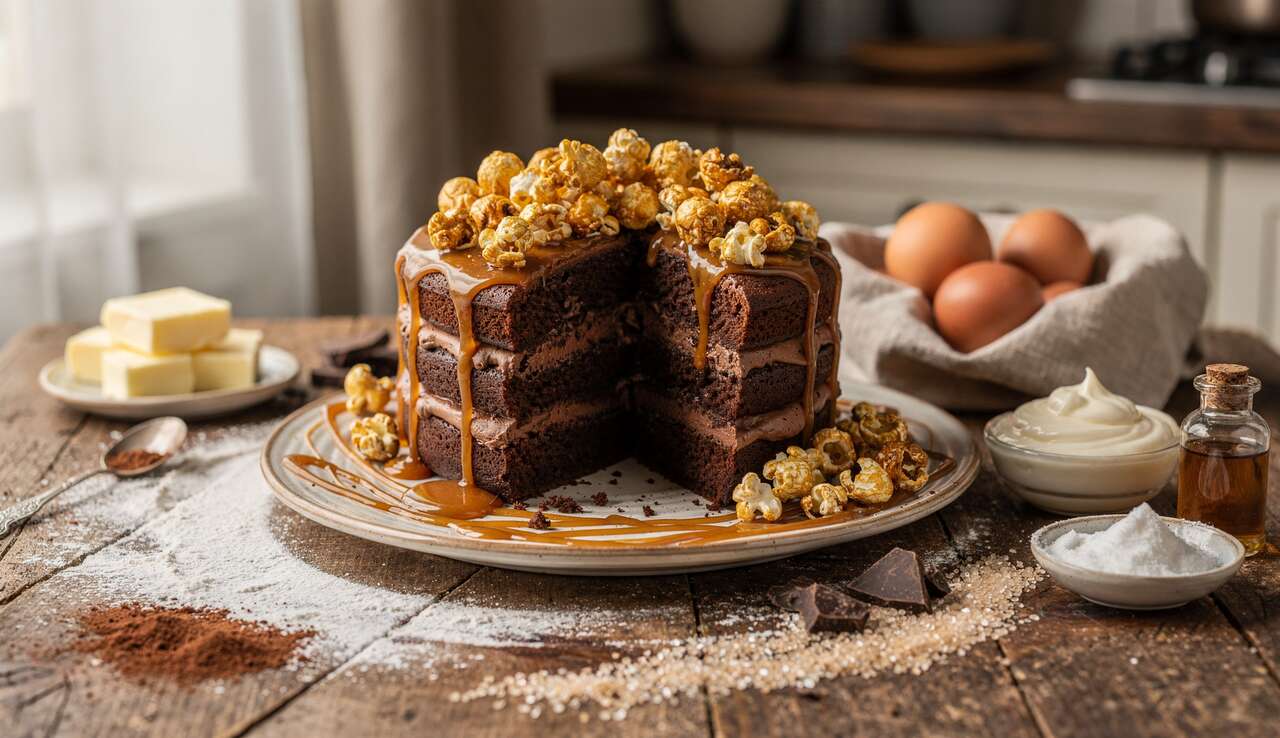 Délicieux Layer Cake Chocolat Caramel Popcorn : recette Gourmande