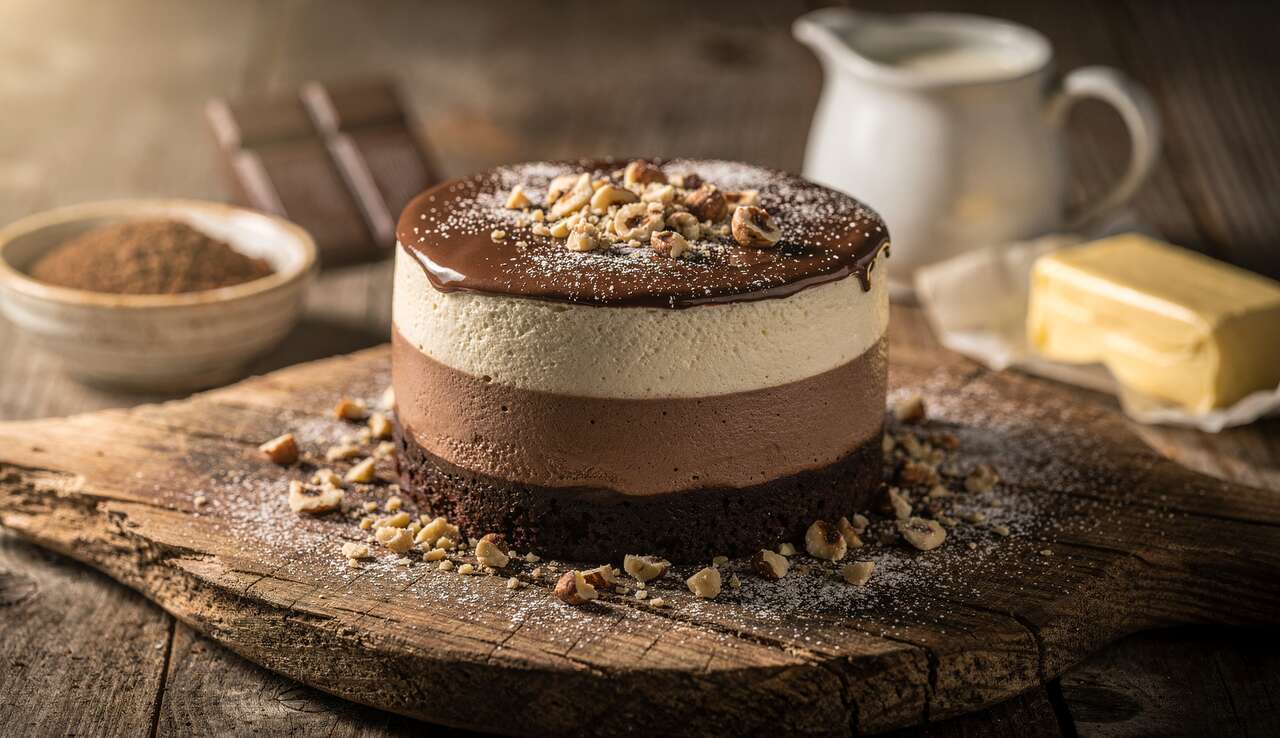 Gâteau au café, noisette et trois mousses au chocolat : recette gourmande