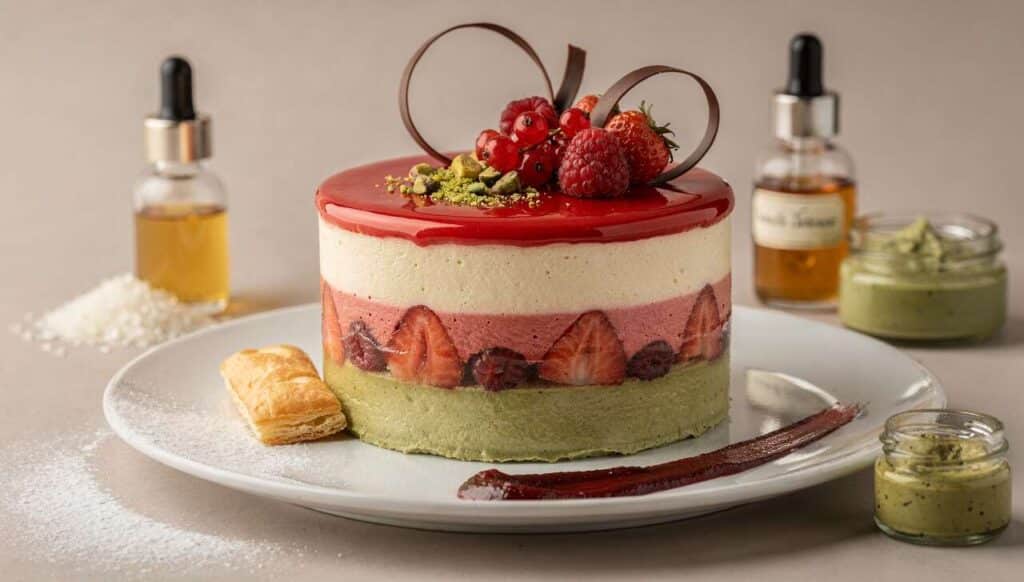 Entremets vanille, fruits rouges et pistache : recette gourmande