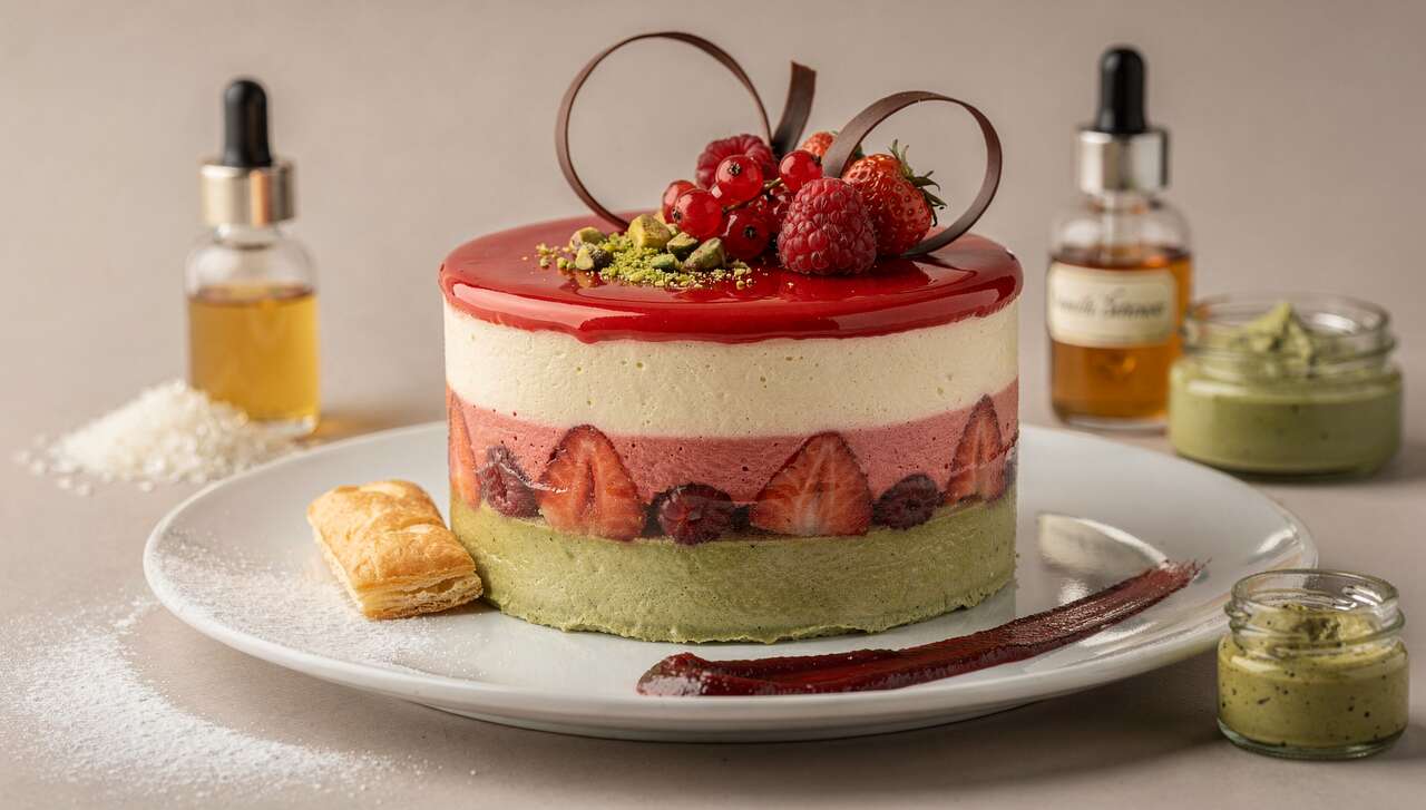 Entremets vanille, fruits rouges et pistache : recette gourmande
