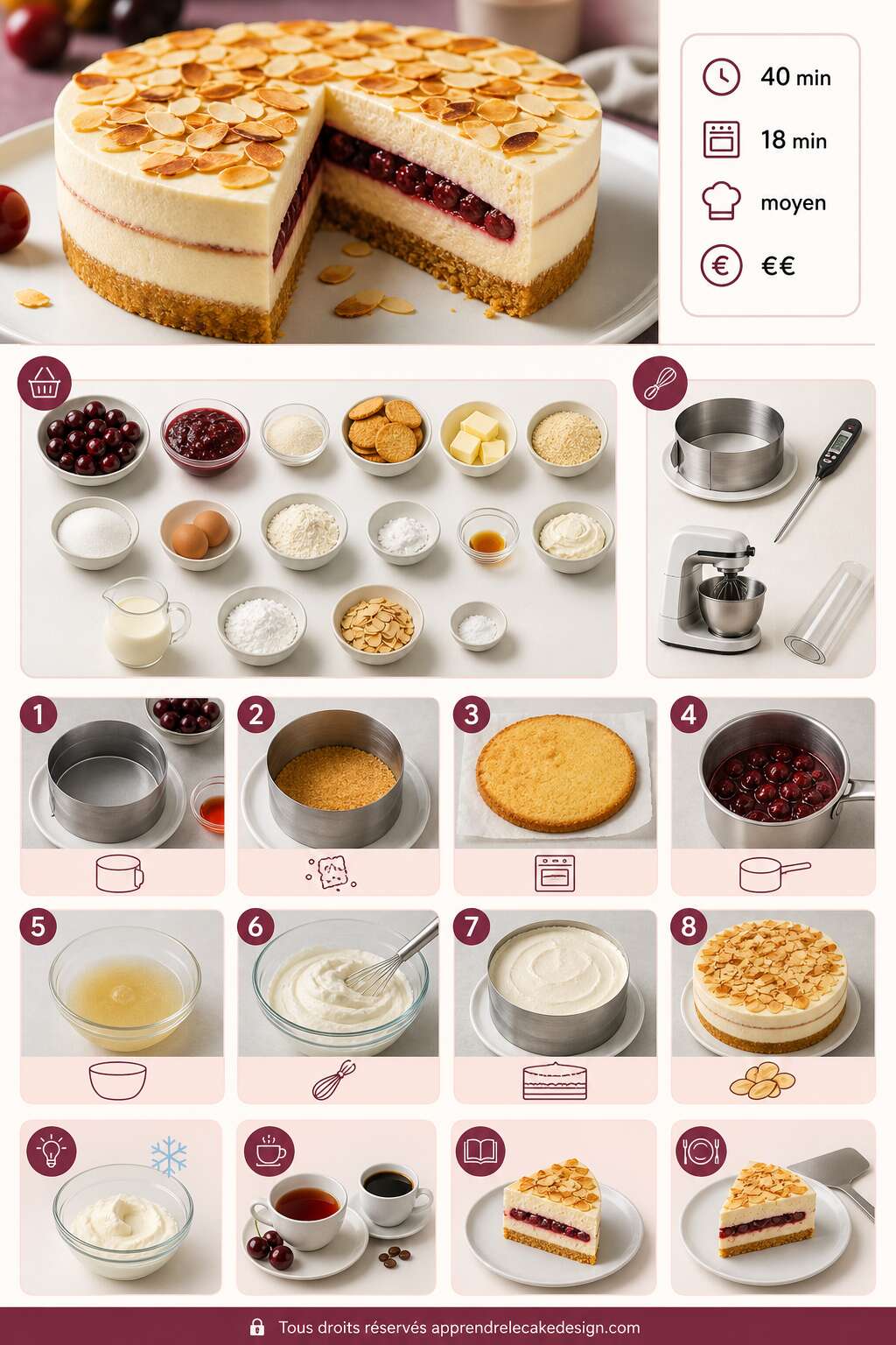 Fiche recette Recette d'entremets cerises et amandes