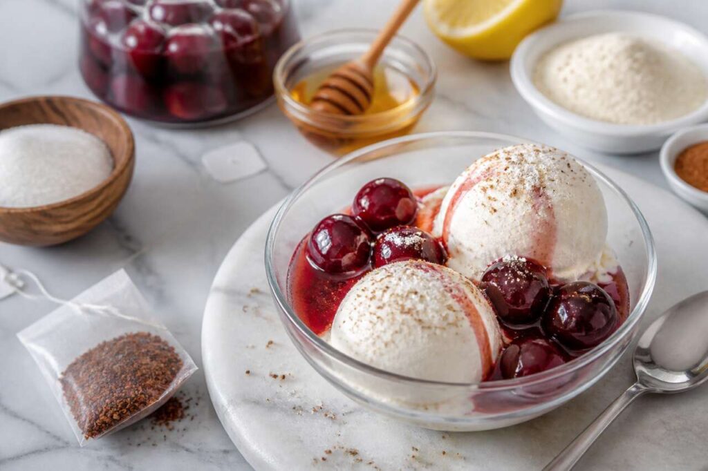 Recette de cerises au rooibos, sorbet au fromage blanc