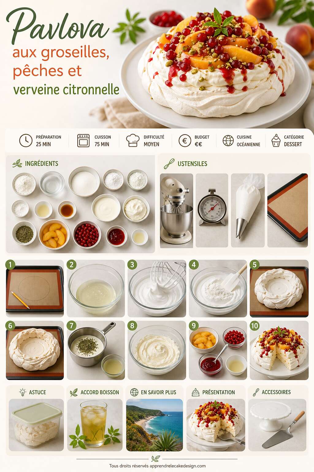 Fiche recette Recette de pavlova aux groseilles, p&ecirc;ches et verveine citronnelle
