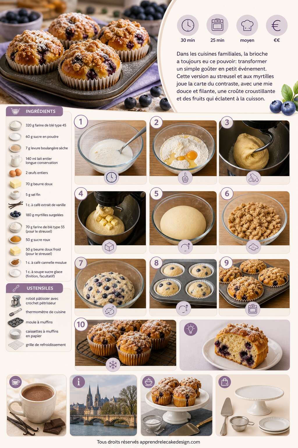Fiche recette Recette de brioches au streusel et aux myrtilles