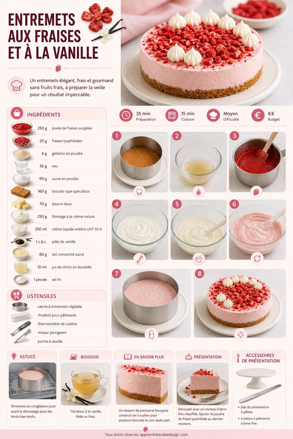 Fiche recette Recette d'entremets aux fraises et à la vanille Fiche recette Recette d'entremets aux fraises et à la vanille