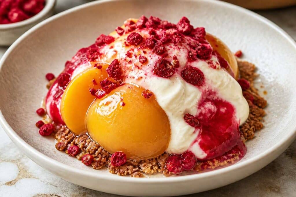 Recette d'entremets pêche Melba : pêche, framboise et vanille