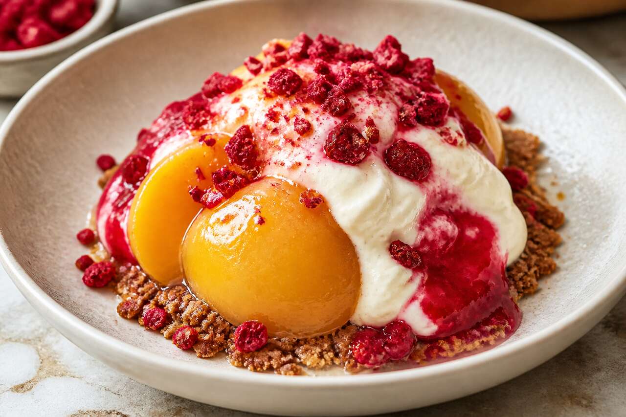 Recette d'entremets pêche Melba : pêche, framboise et vanille