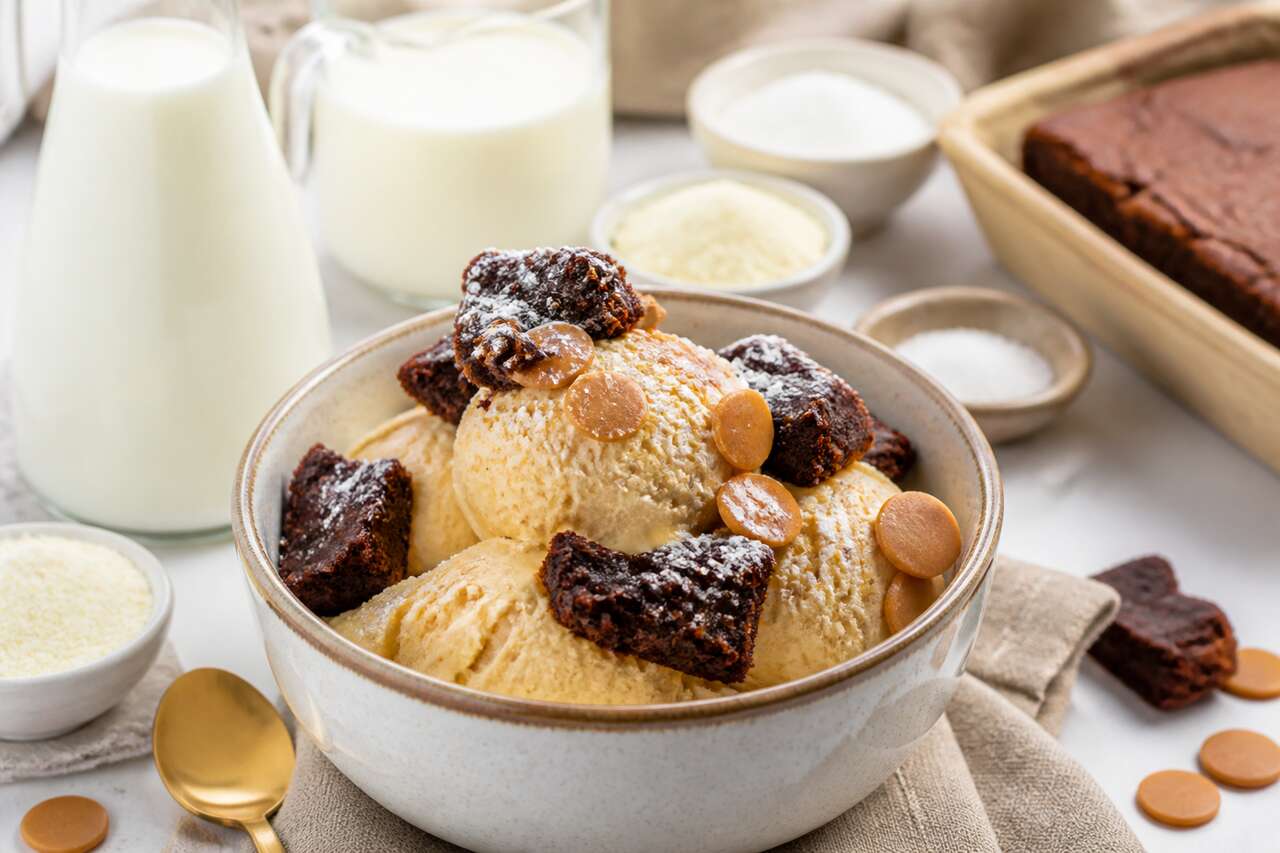 Recette de glace au Dulcey avec éclats de brownie