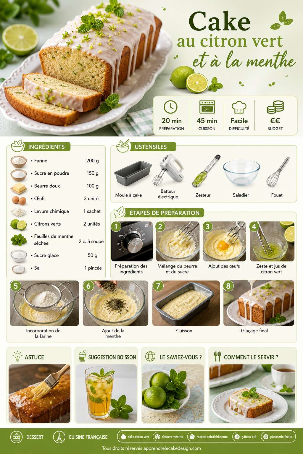 Fiche recette Recette du cake au citron vert et &agrave; la menthe