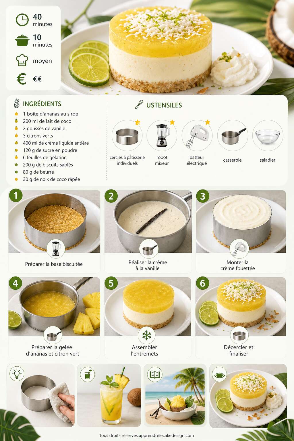 Fiche recette Recette d'entremets exotique ananas, vanille et citron vert