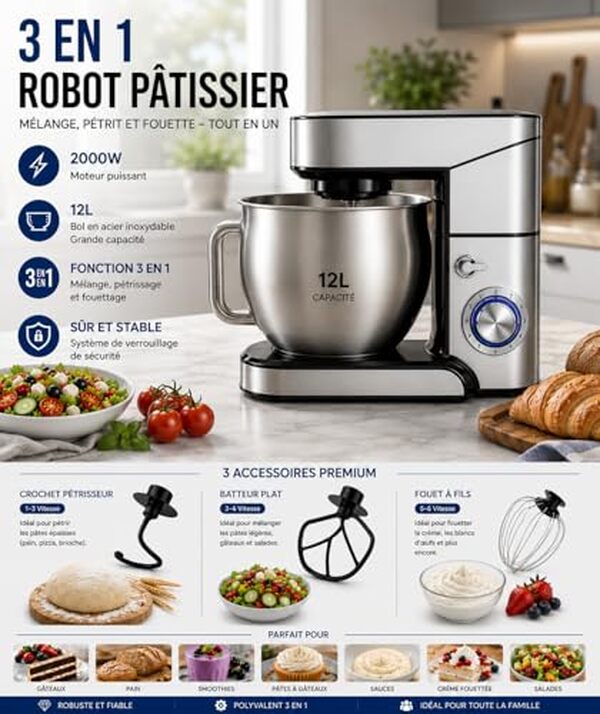 Découvrez notre test détaillé du robot pâtissier Royal Swiss 2000W : performances, fonctionnalités et design. Avis complet pour bien choisir votre robot multifonction. 